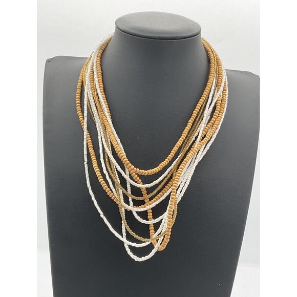 Multi-Strand Beige & White Beaded Necklace - Picture 1 of 4